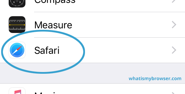 The Settings screen, highlighting the Safari item