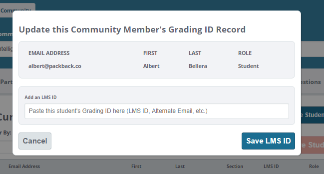 Add LMS ID pop up window displaying student's email address and name, and an input field to add a student LMS ID