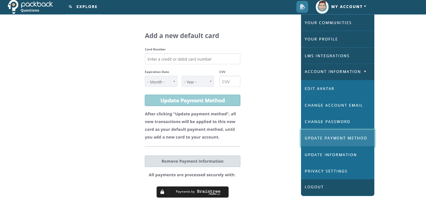 Update Payment method page with the fields to add a new card and the Remove payment Information button. My Account dropdown menu opened on the right hand-side with a focus on the Update Payment Method link.