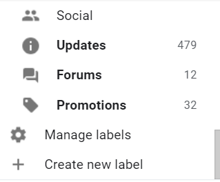 Left hand side menu on Gmail with an option to create a new label at the bottom.