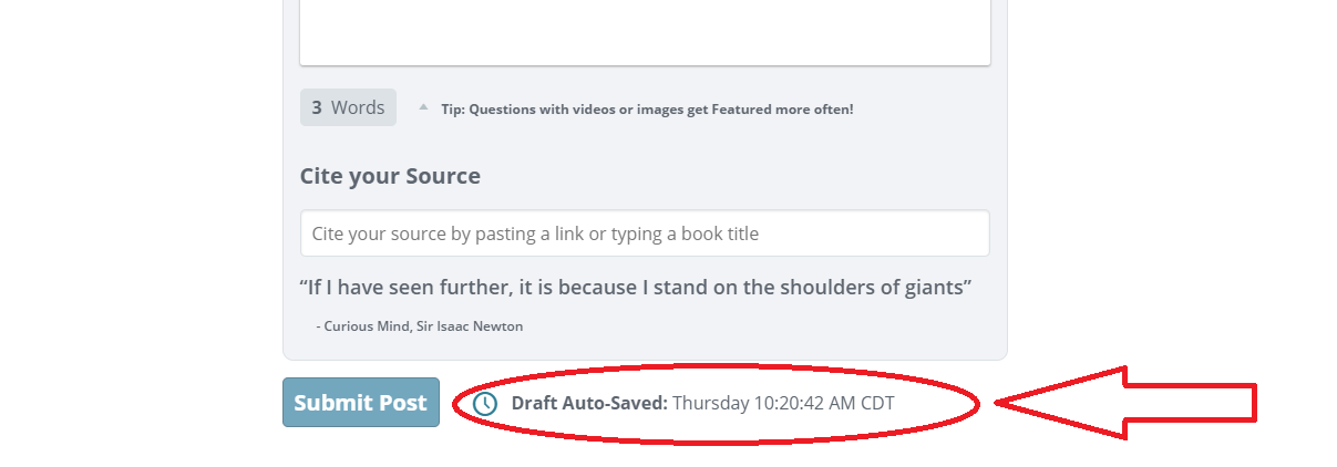 Post editor with the draft auto-saved date and time at the bottom circled in red.