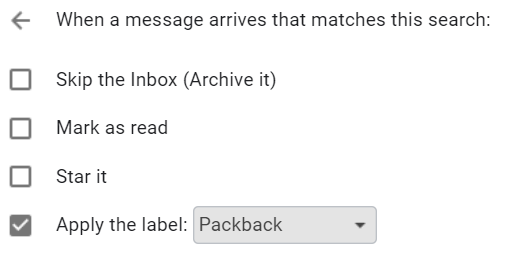 Packback as the selected Apply the Label option on the Create filter menu.