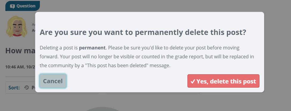 Delete a post confirmation modal with the Yes, delete this post button in red and Cancel button in grey.