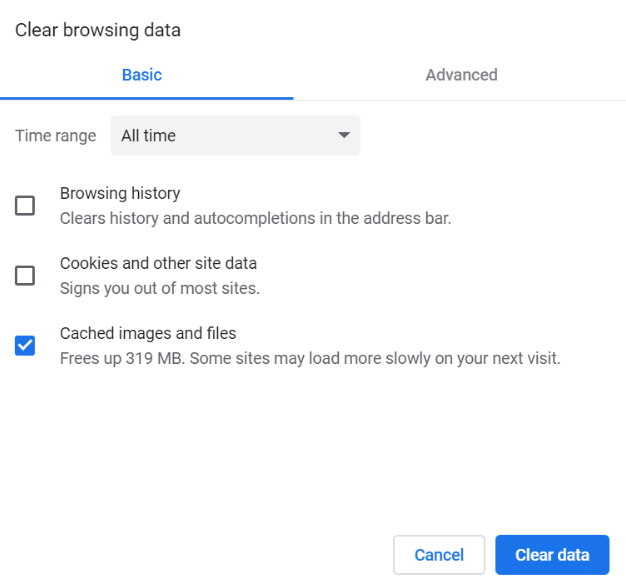 Clear browsing data window with the selected Cached images and files option on Google Chrome.