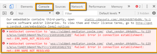Developer tools opened on the Console tab with two errors displayed in red.