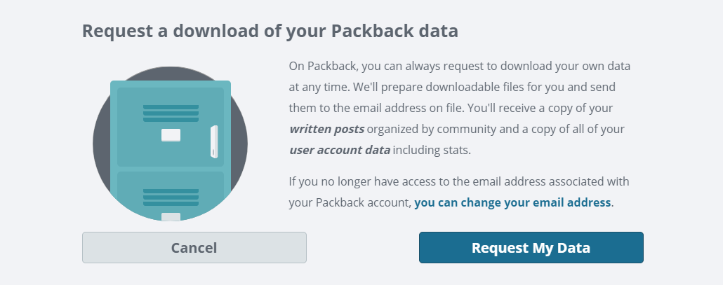 Request a download of your Packback data page with the Cancel and Request My Data buttons and a link to change email address.