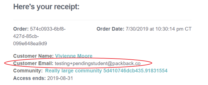 Receipt for community access purchase with the customer email circled in red.