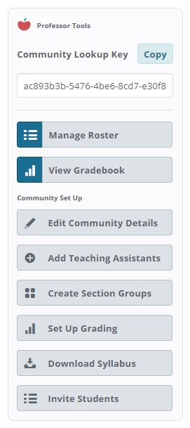 Professor Tools on the right hand-side on the Community Feed page that include Community Lookup Key, Manage roster, View Gradebook, and Community Setup options.