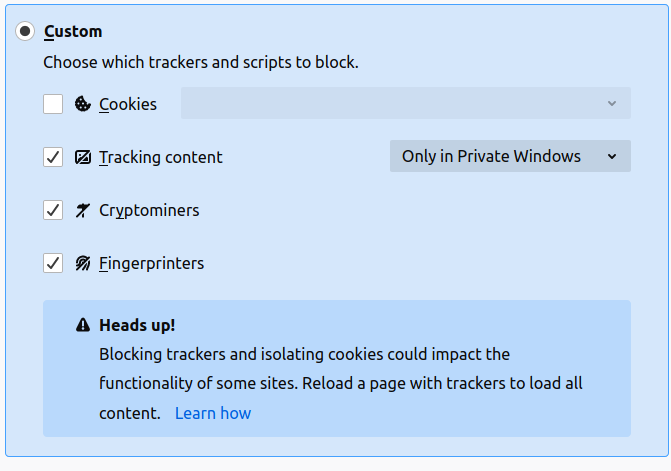 FireFox browser privacy page with the selected Custom settings and unchecked Cookies option under the settings.