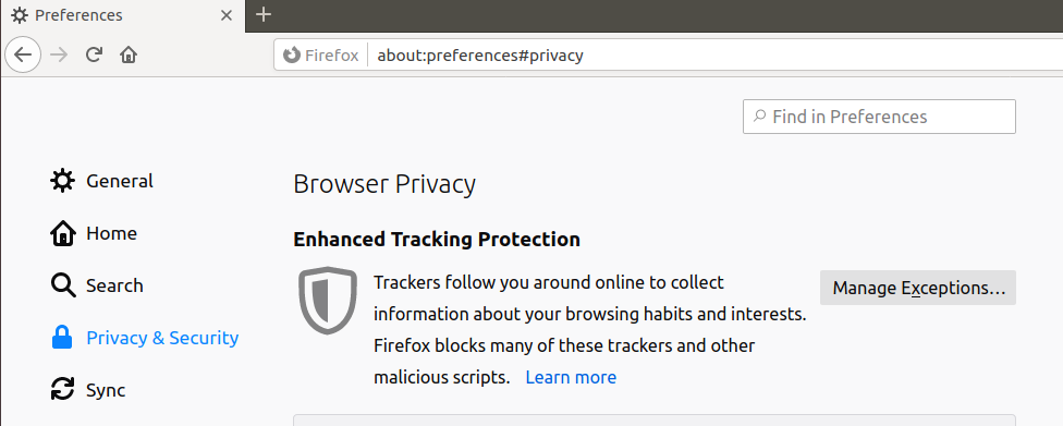 FireFox browser privacy page with the description of the Enhanced Tracking Protection.