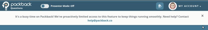 Alert message specifying that it's a busy time on Packback and access to this feature is restricted.
