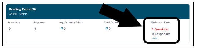 Grading Period 50 displays that 1 question and 0 responses are moderated. The numbers are displayed under the Moderated Posts column on the right hand-side of the period.