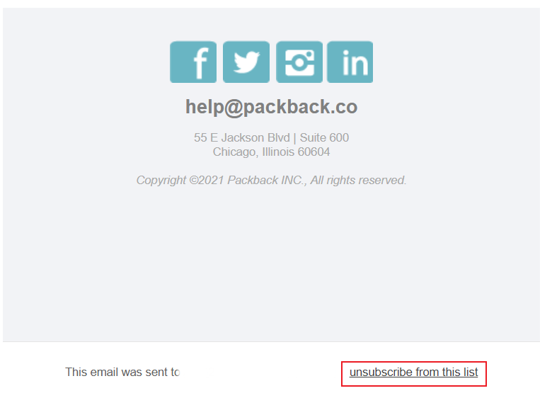 Packback email footer showing 'unsubscribe from this list' button highlighted in the bottom right corner